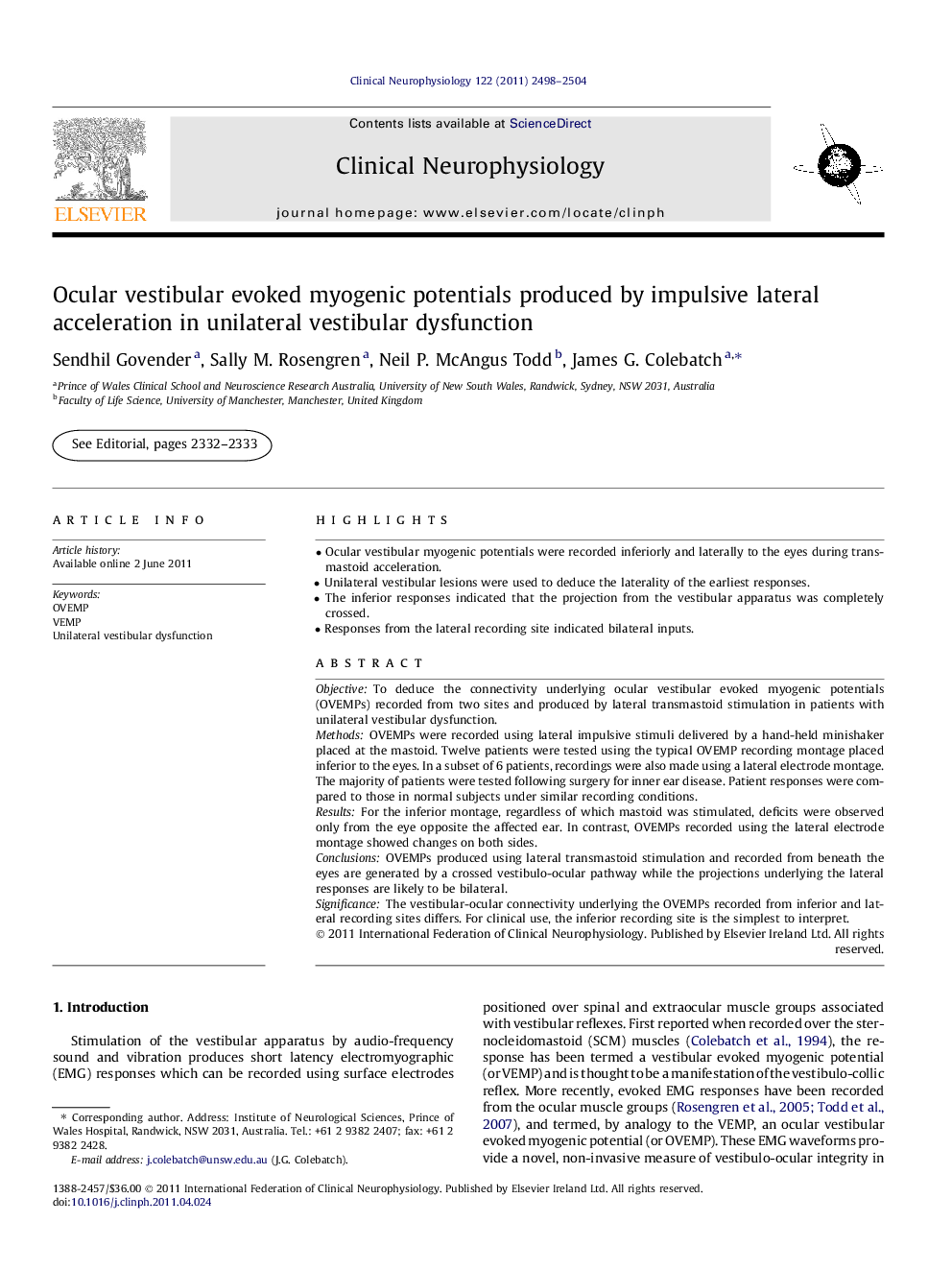 Ocular vestibular evoked myogenic potentials produced by impulsive lateral acceleration in unilateral vestibular dysfunction