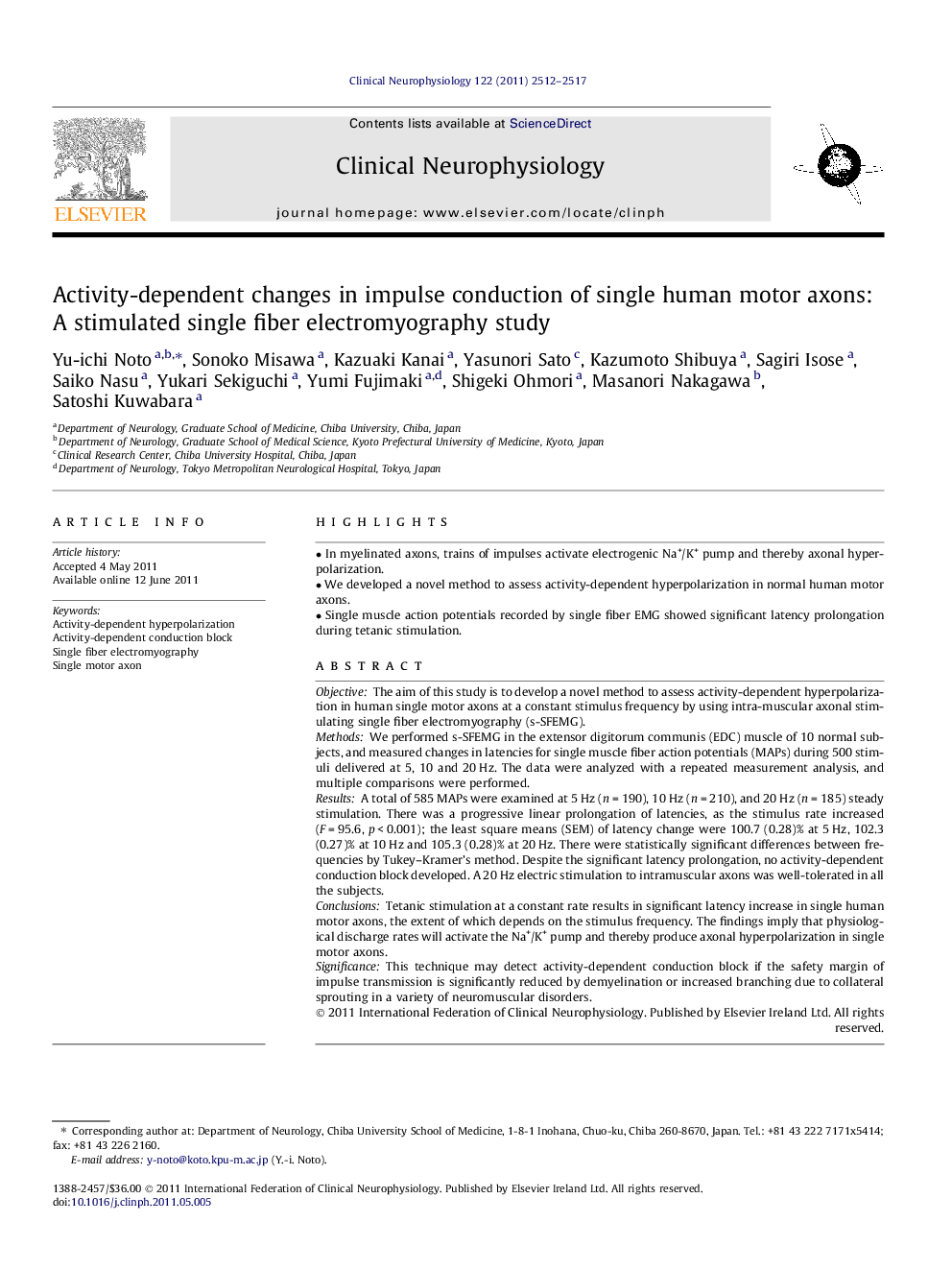 Activity-dependent changes in impulse conduction of single human motor axons: A stimulated single fiber electromyography study