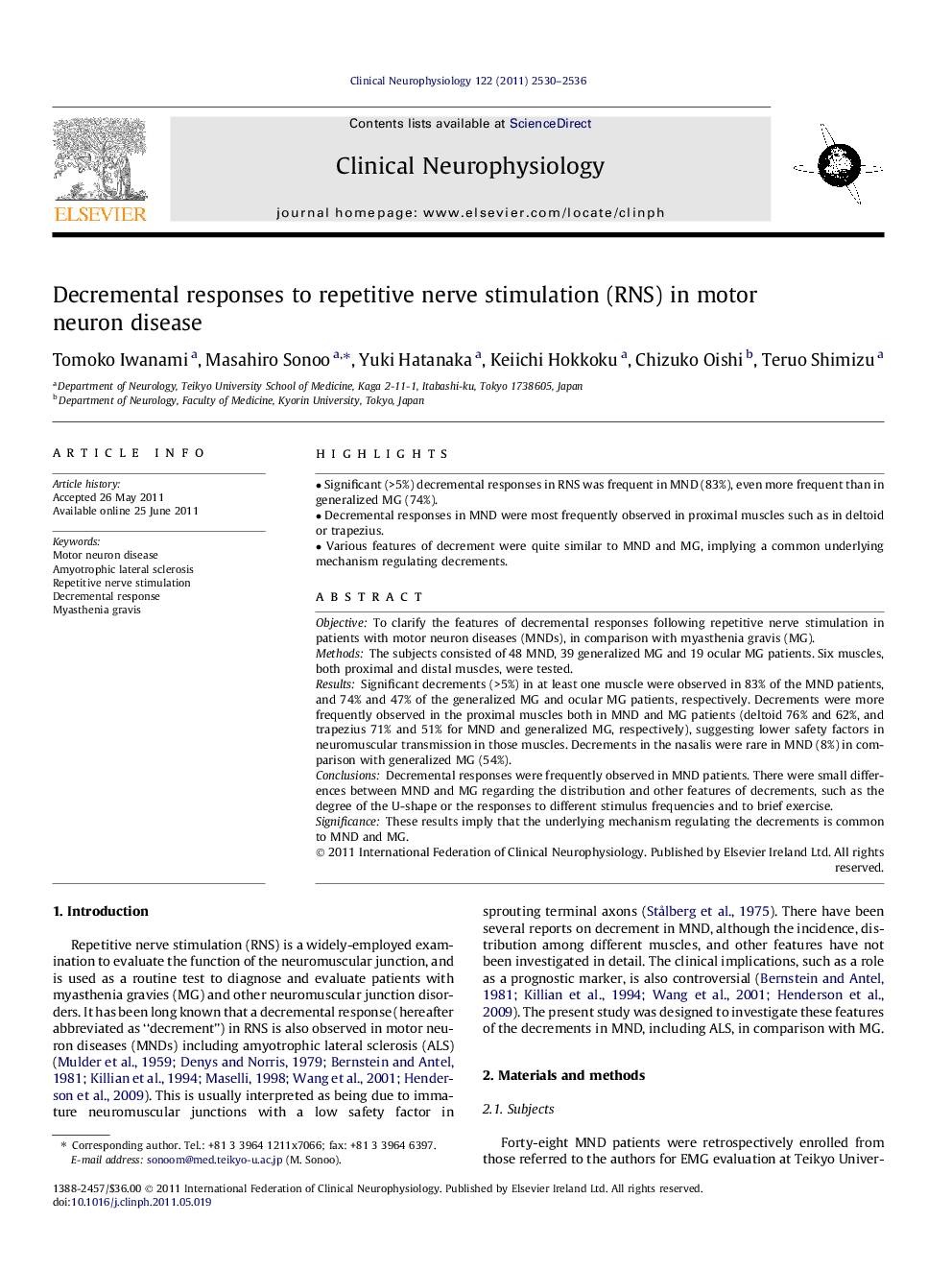 Decremental responses to repetitive nerve stimulation (RNS) in motor neuron disease