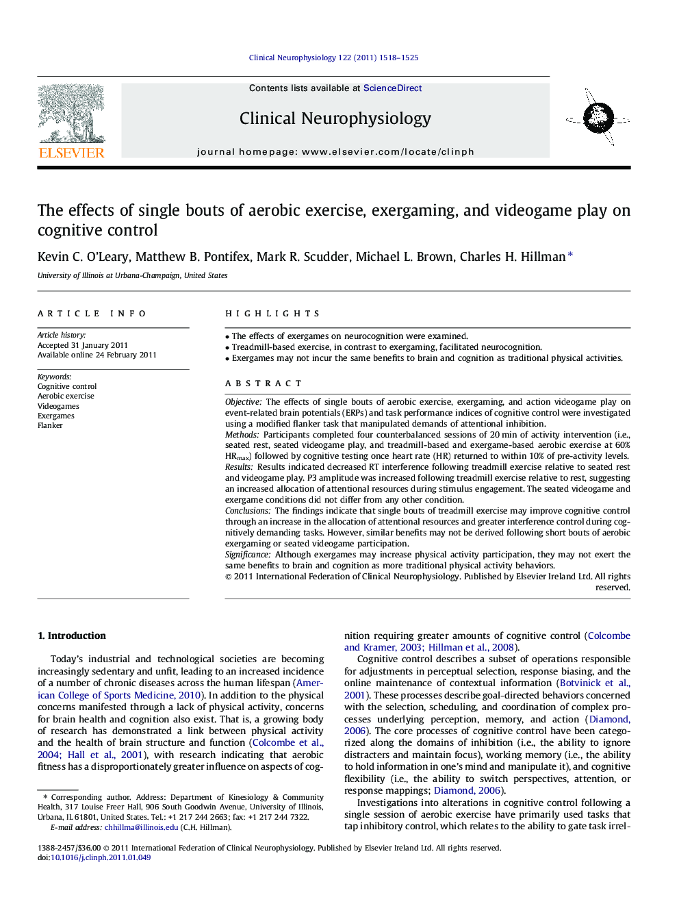 The effects of single bouts of aerobic exercise, exergaming, and videogame play on cognitive control