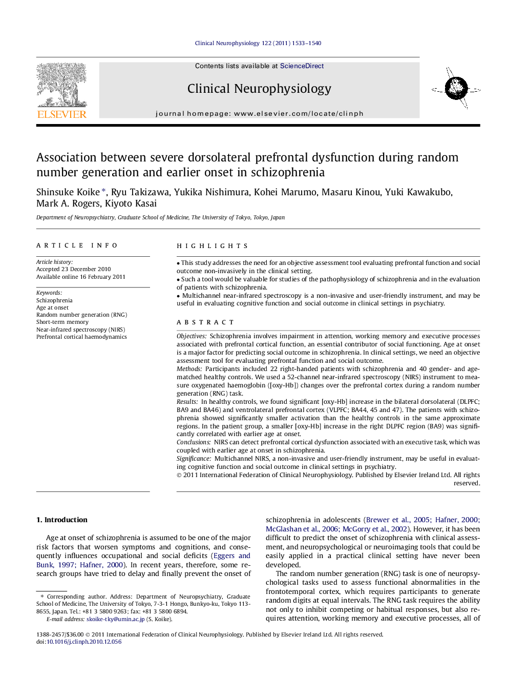 Association between severe dorsolateral prefrontal dysfunction during random number generation and earlier onset in schizophrenia