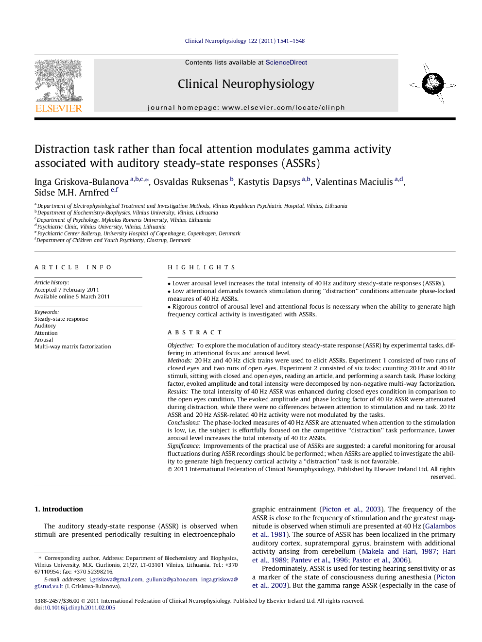 Distraction task rather than focal attention modulates gamma activity associated with auditory steady-state responses (ASSRs)