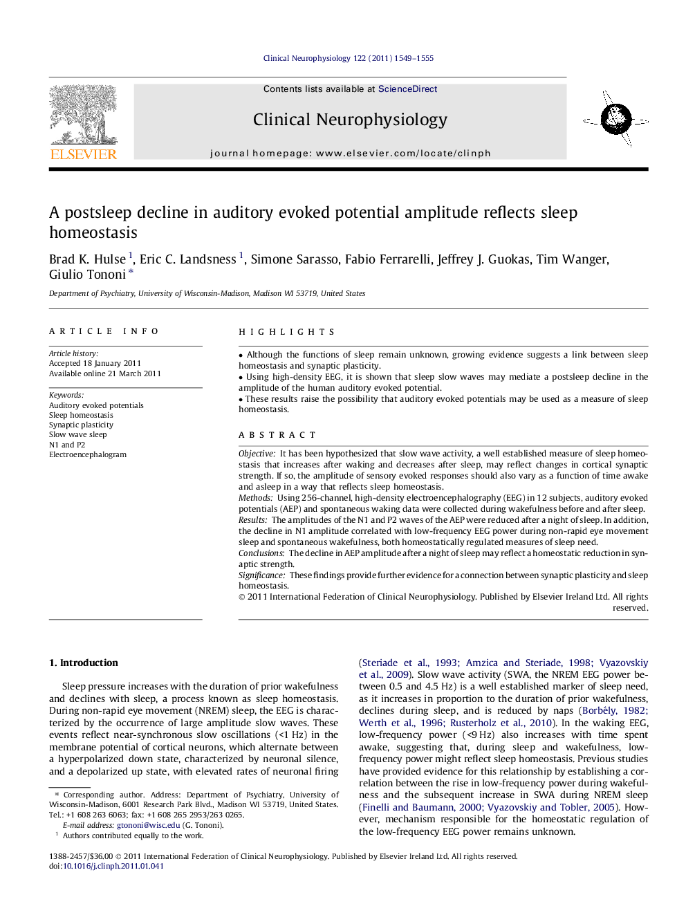 A postsleep decline in auditory evoked potential amplitude reflects sleep homeostasis