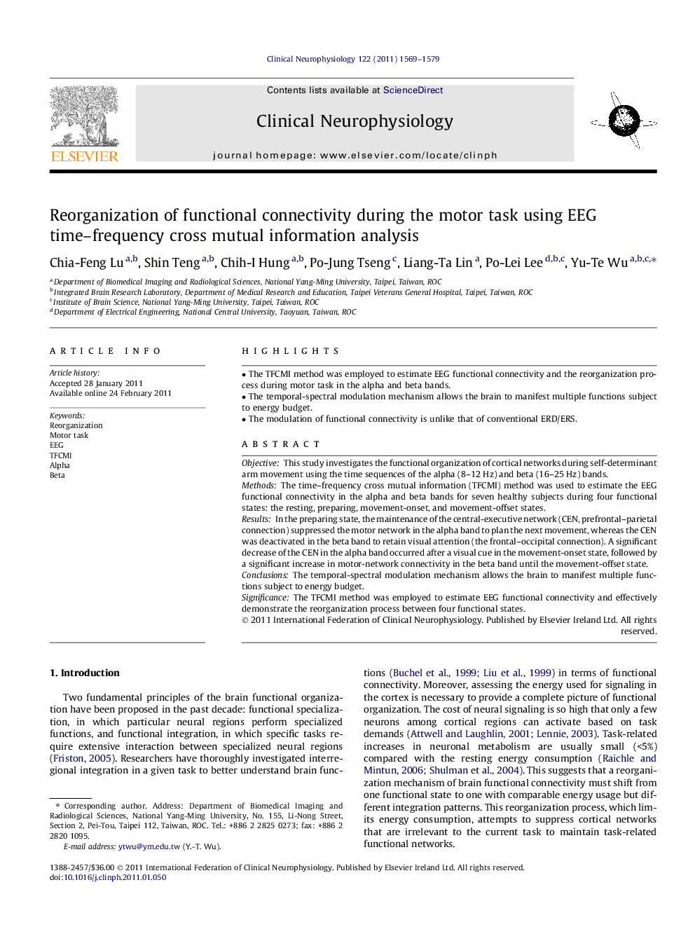 Reorganization of functional connectivity during the motor task using EEG time–frequency cross mutual information analysis