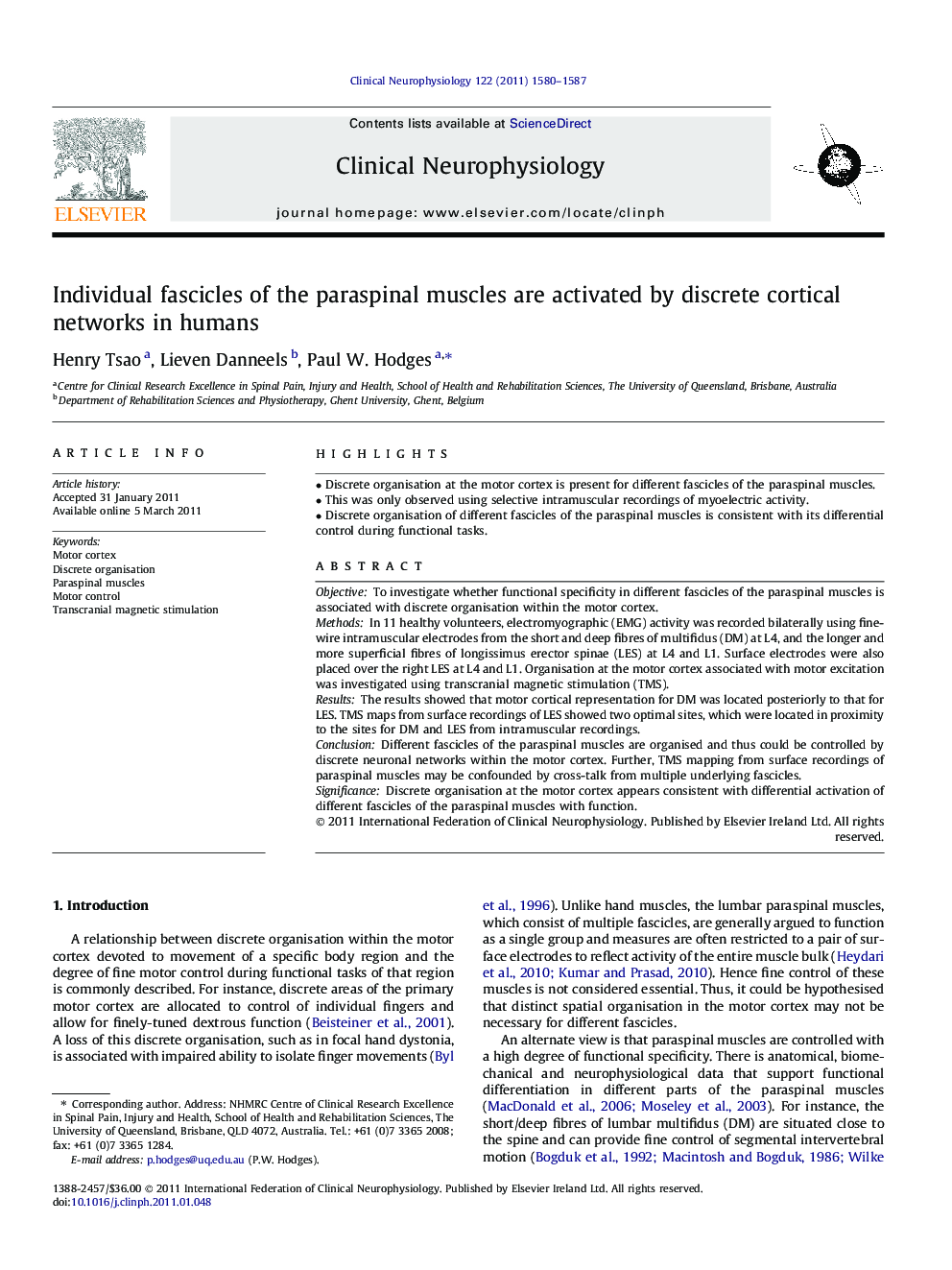 Individual fascicles of the paraspinal muscles are activated by discrete cortical networks in humans