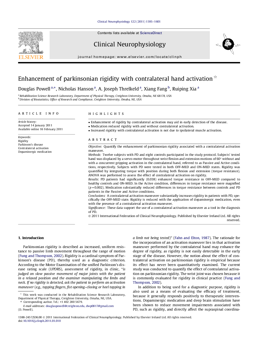 Enhancement of parkinsonian rigidity with contralateral hand activation 