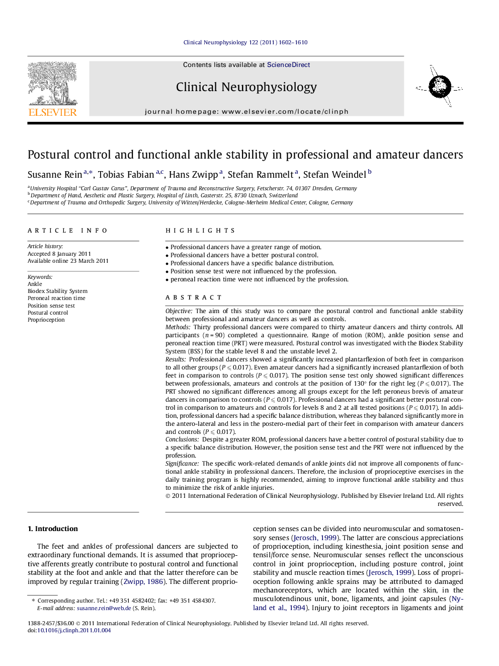 Postural control and functional ankle stability in professional and amateur dancers