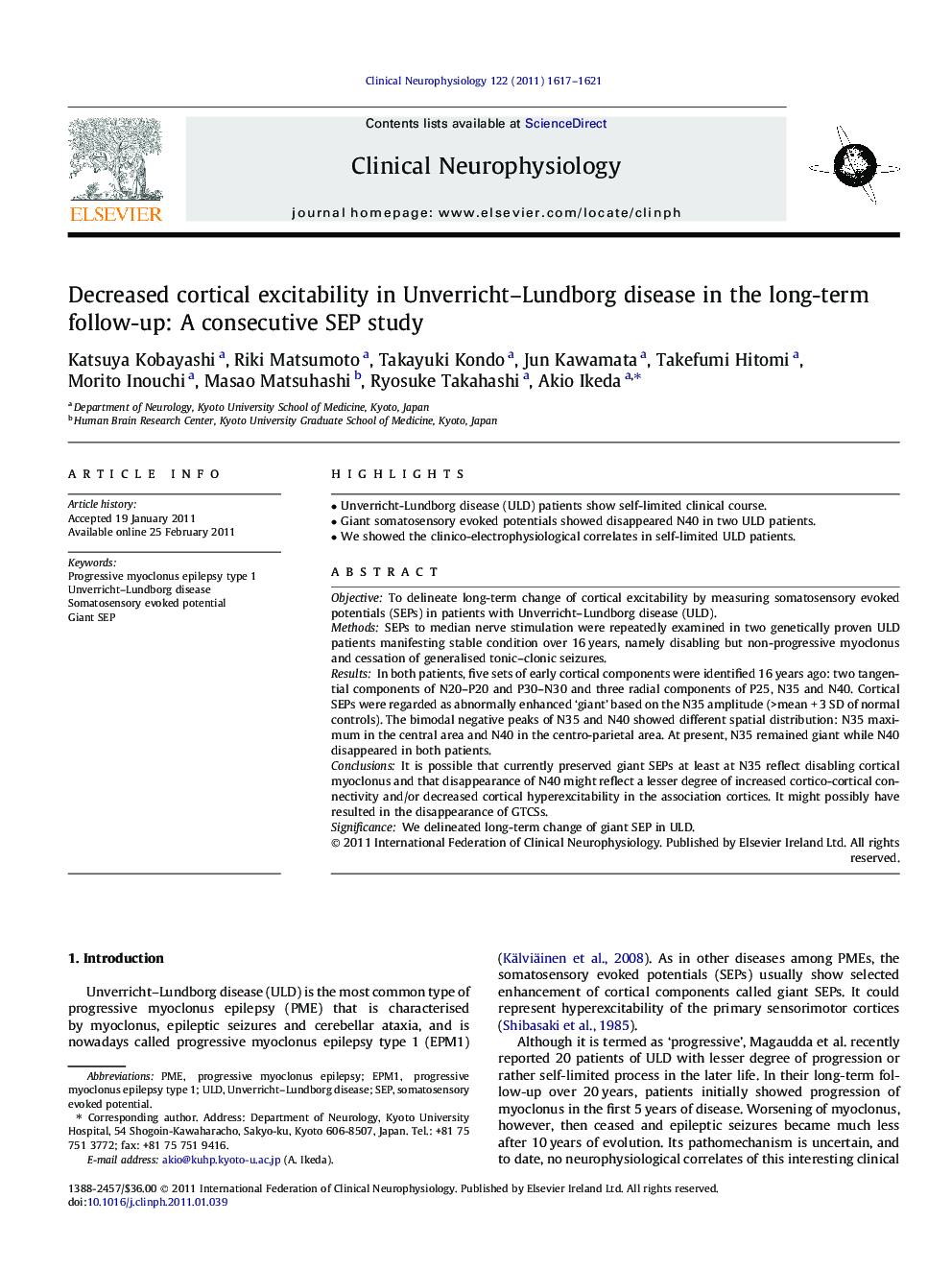 Decreased cortical excitability in Unverricht–Lundborg disease in the long-term follow-up: A consecutive SEP study