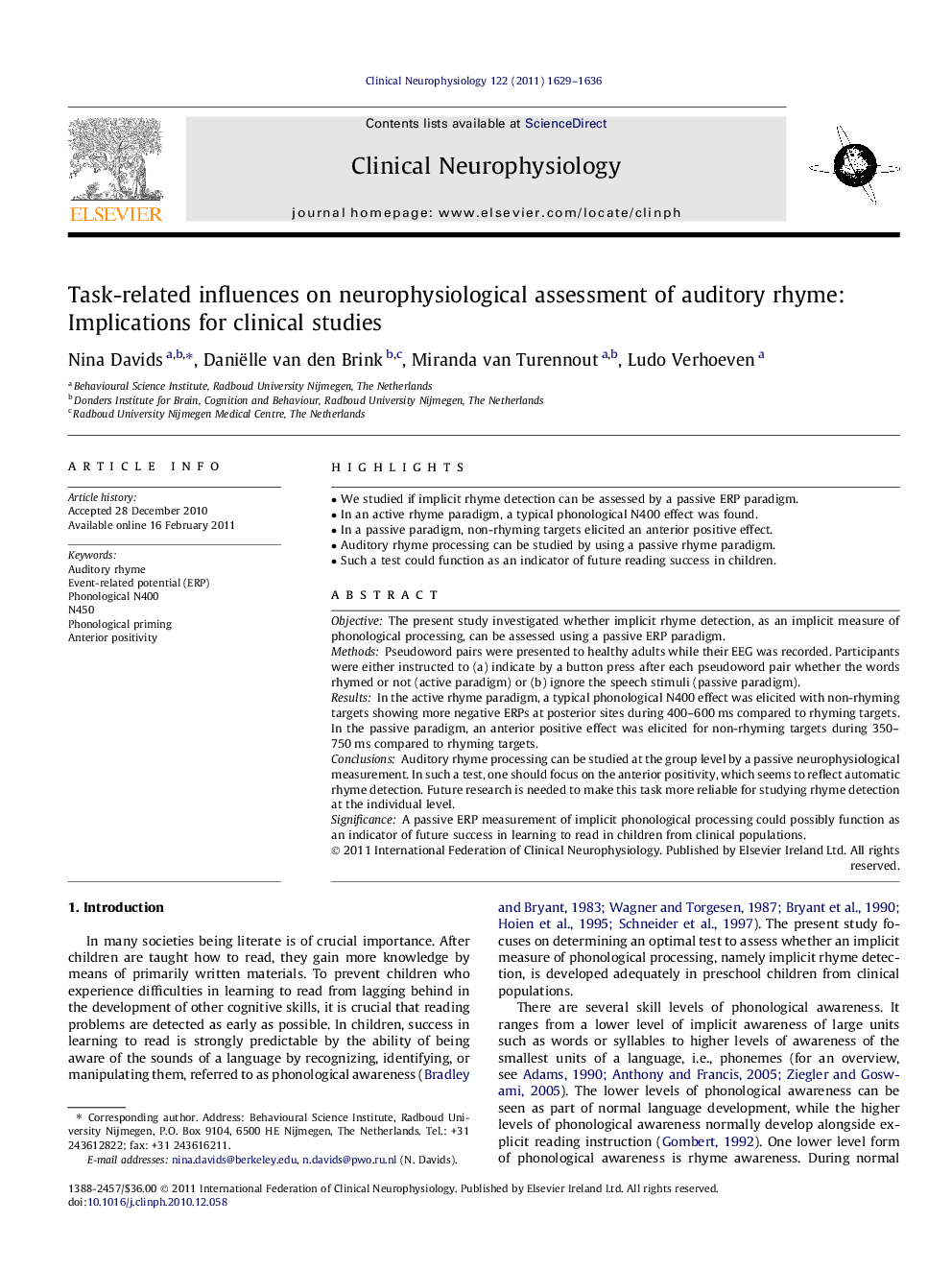 Task-related influences on neurophysiological assessment of auditory rhyme: Implications for clinical studies