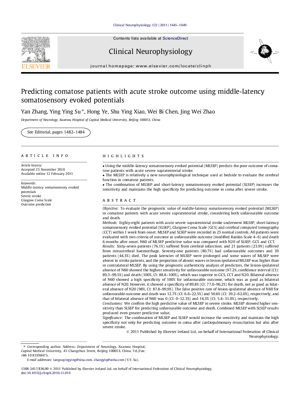 Predicting comatose patients with acute stroke outcome using middle-latency somatosensory evoked potentials