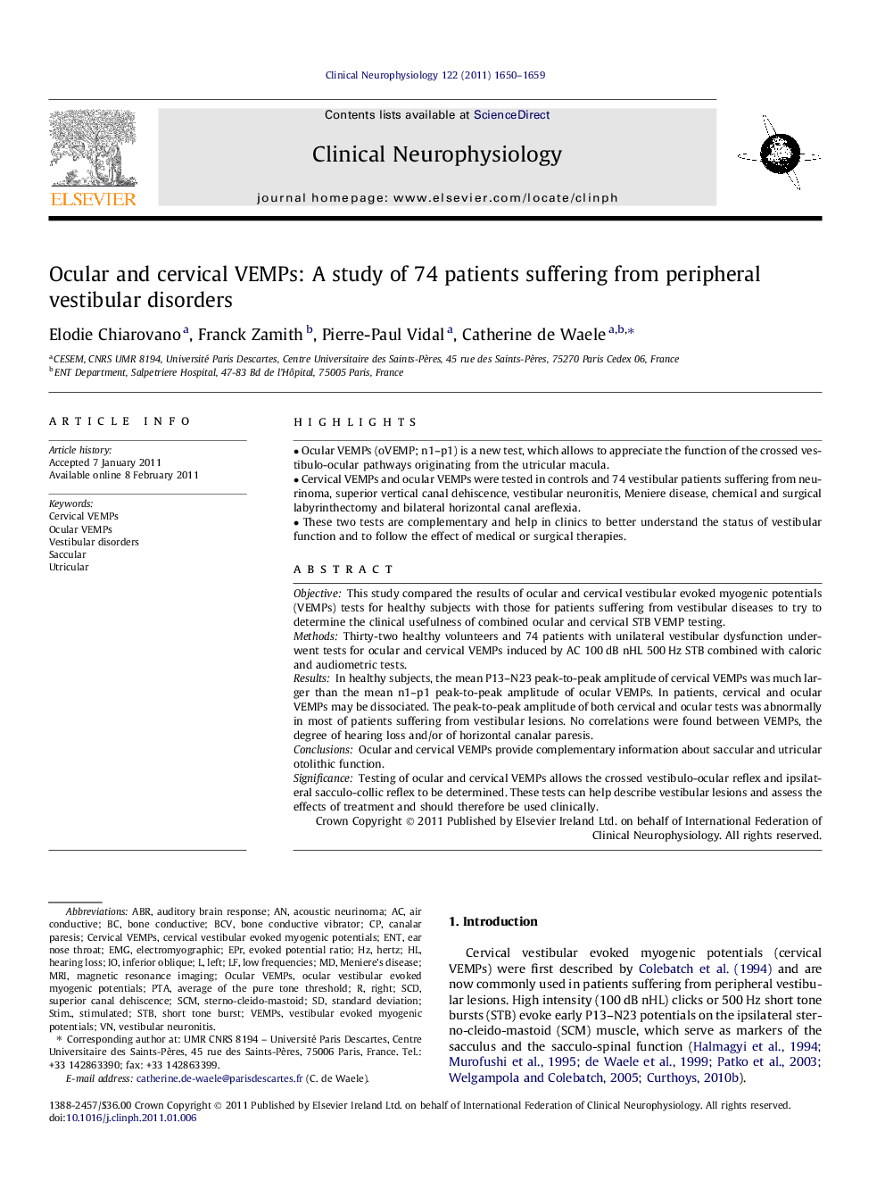 Ocular and cervical VEMPs: A study of 74 patients suffering from peripheral vestibular disorders