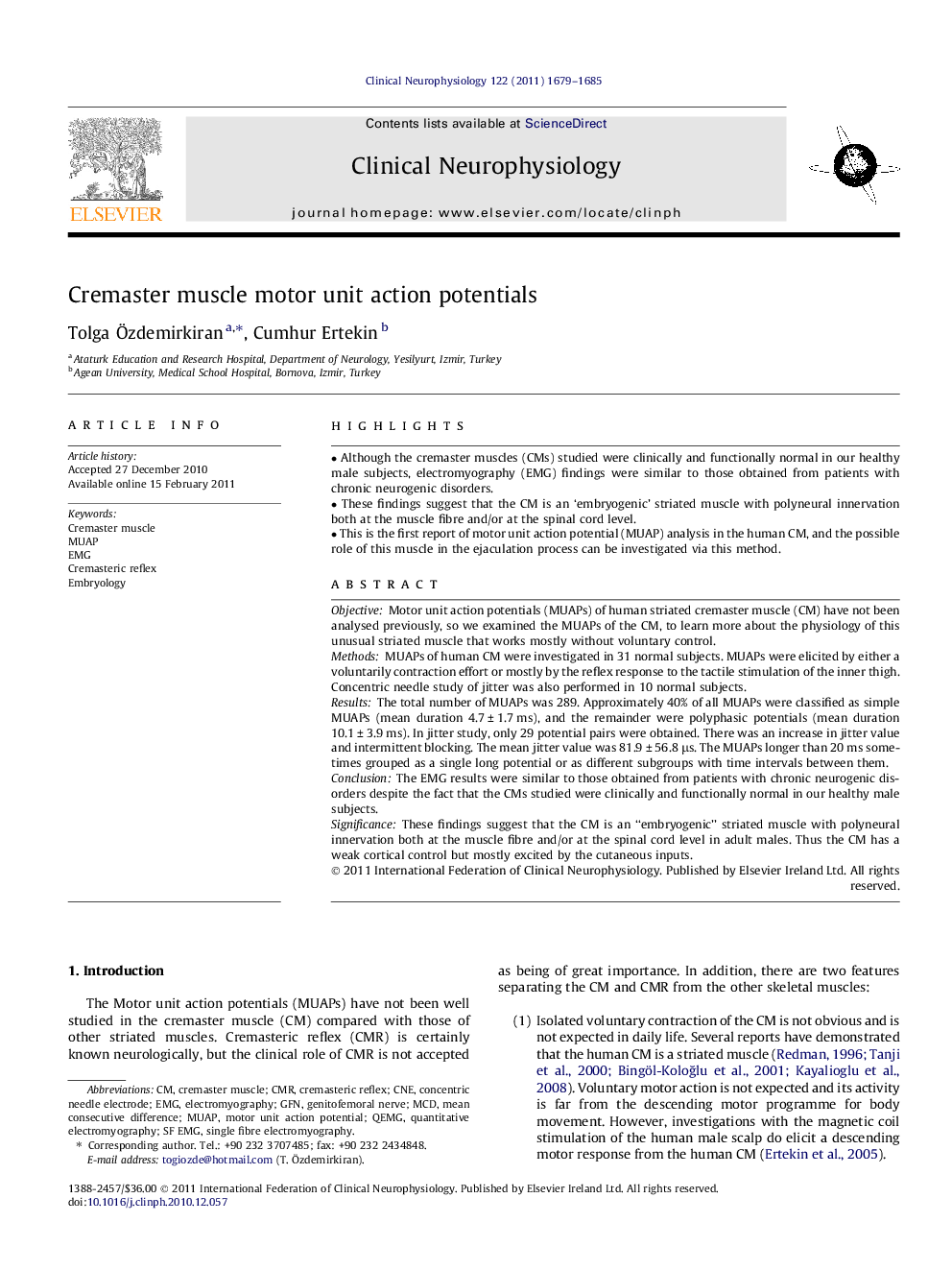 Cremaster muscle motor unit action potentials