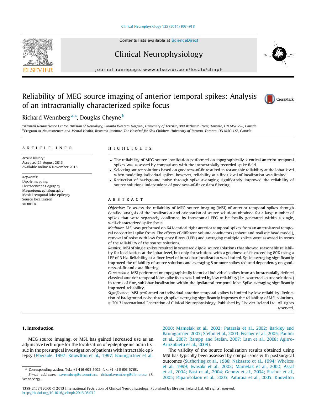 Reliability of MEG source imaging of anterior temporal spikes: Analysis of an intracranially characterized spike focus