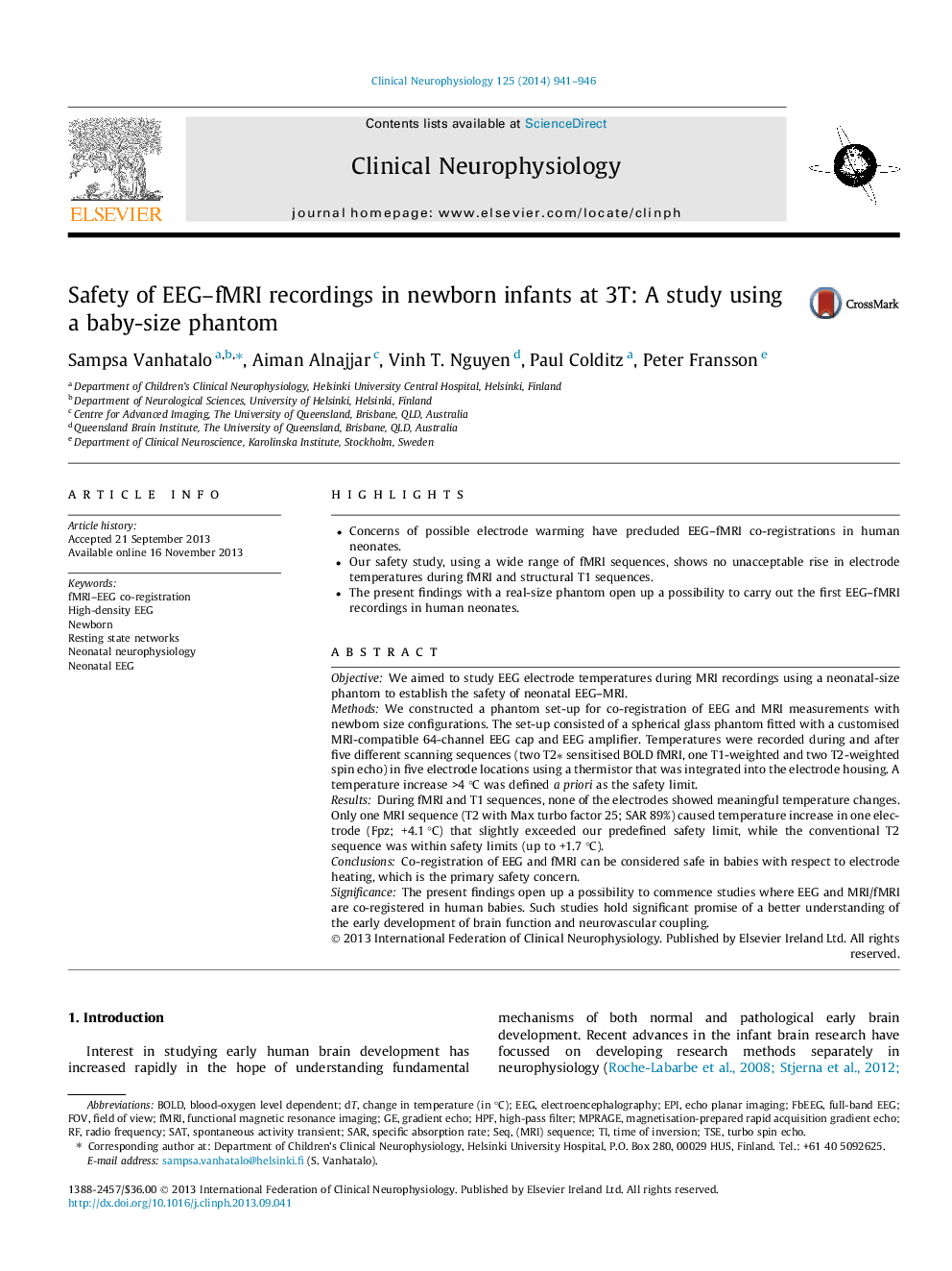 Safety of EEG–fMRI recordings in newborn infants at 3T: A study using a baby-size phantom