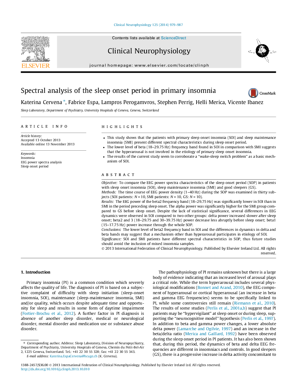 Spectral analysis of the sleep onset period in primary insomnia