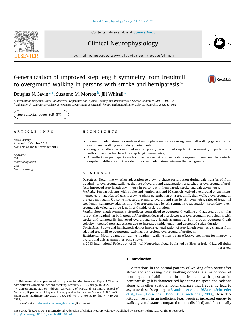 Generalization of improved step length symmetry from treadmill to overground walking in persons with stroke and hemiparesis 