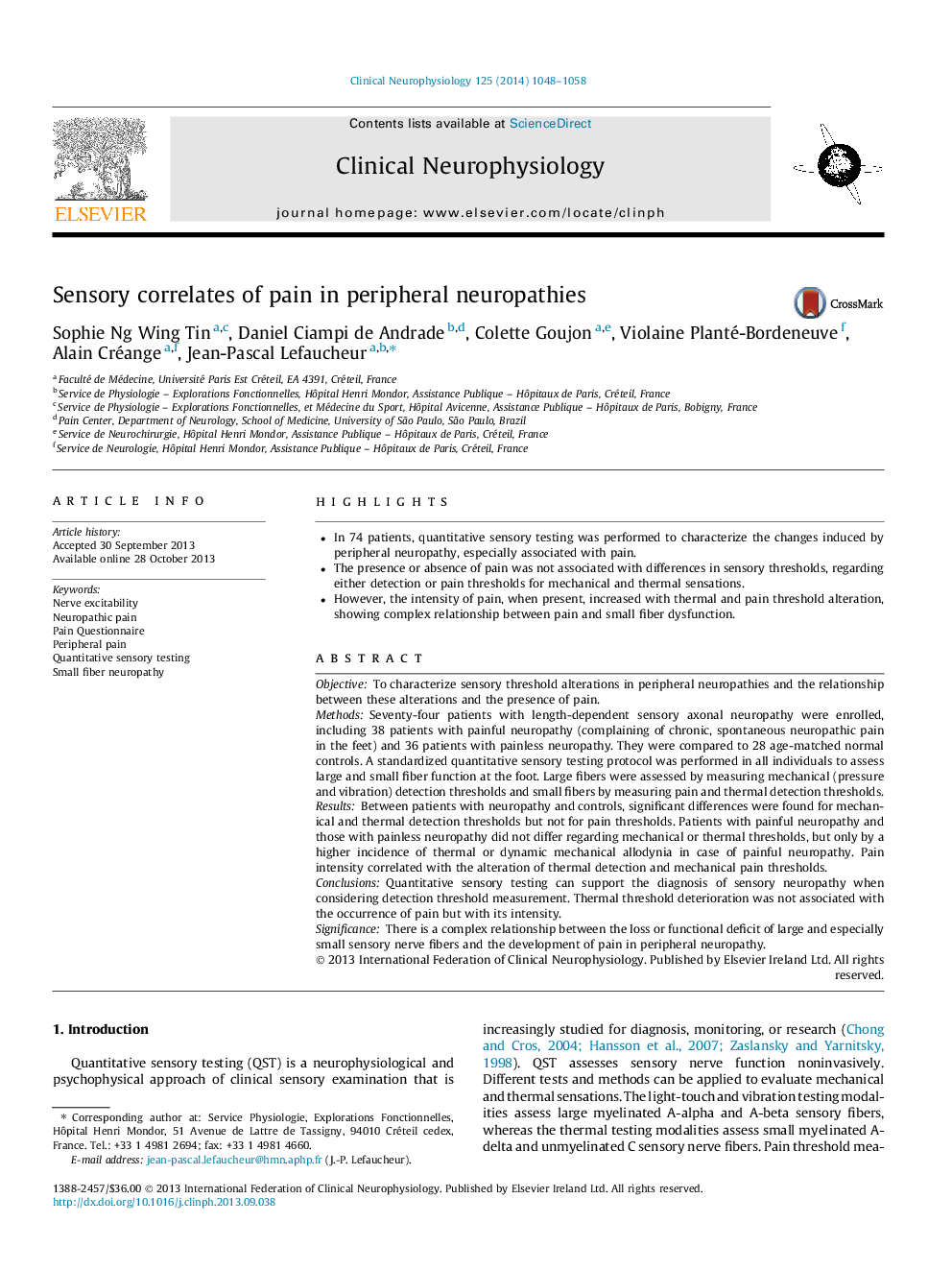 Sensory correlates of pain in peripheral neuropathies