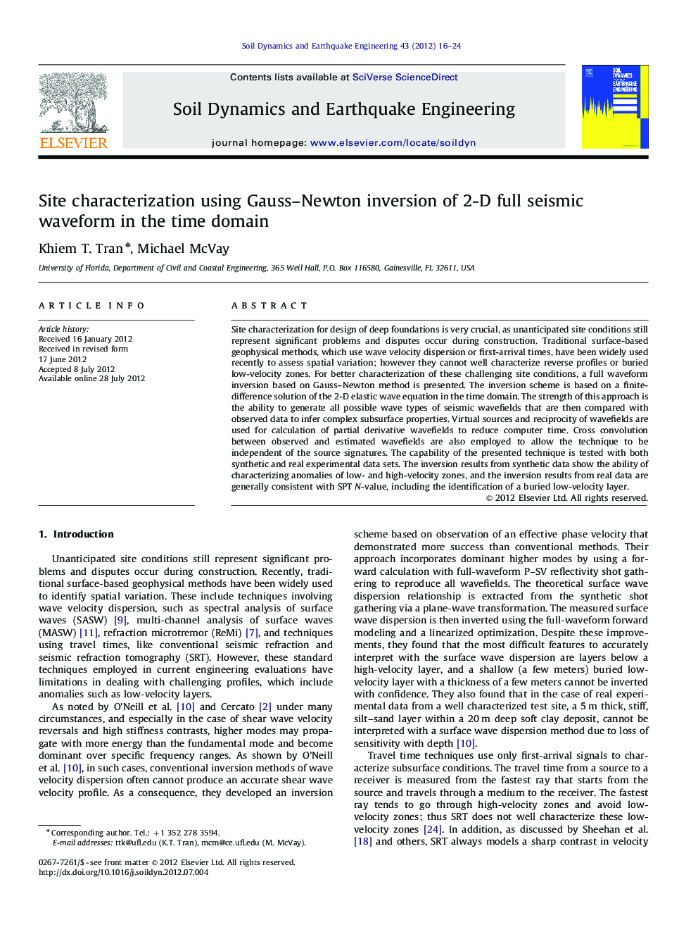 Site characterization using Gauss–Newton inversion of 2-D full seismic waveform in the time domain