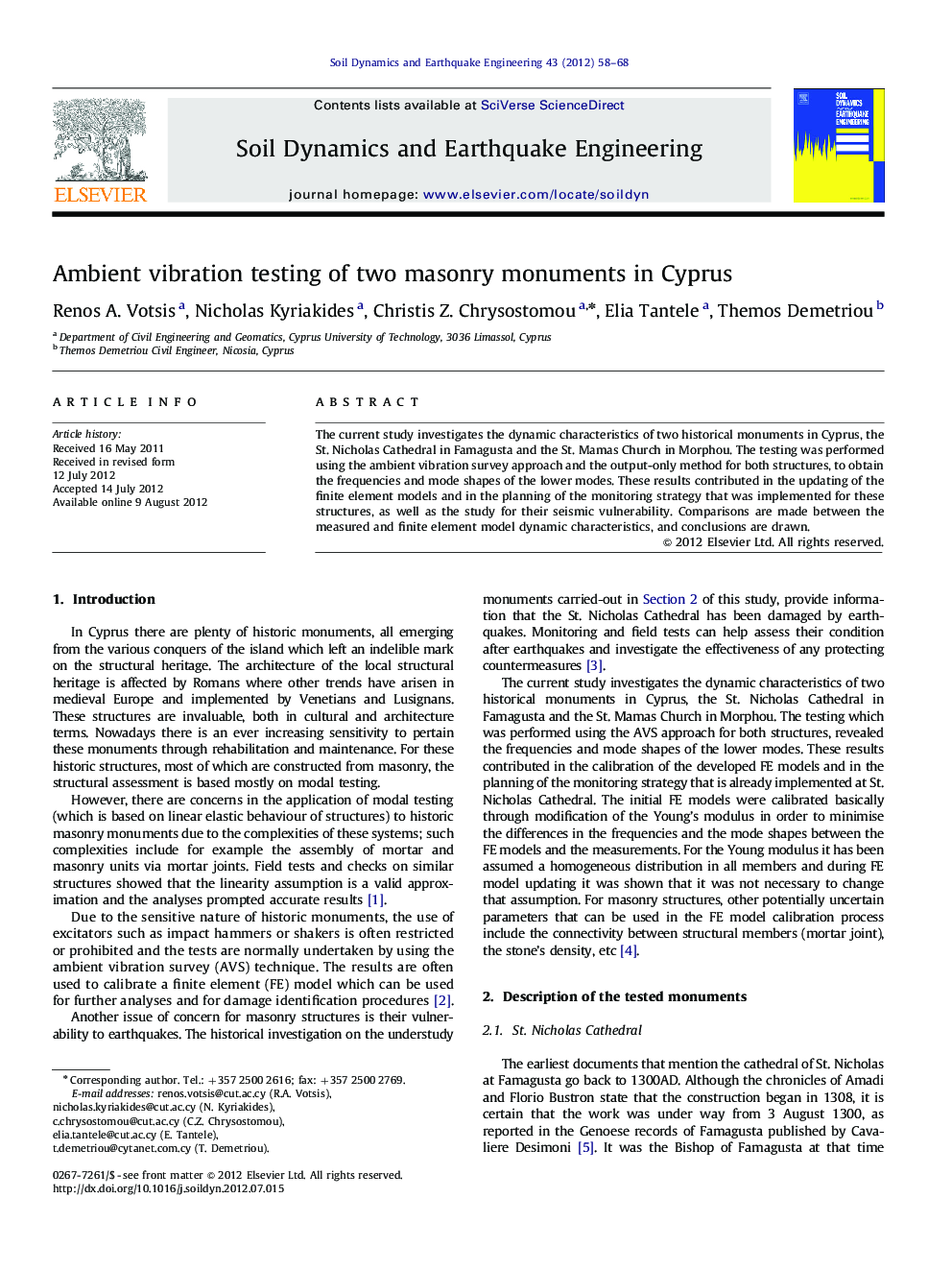 Ambient vibration testing of two masonry monuments in Cyprus