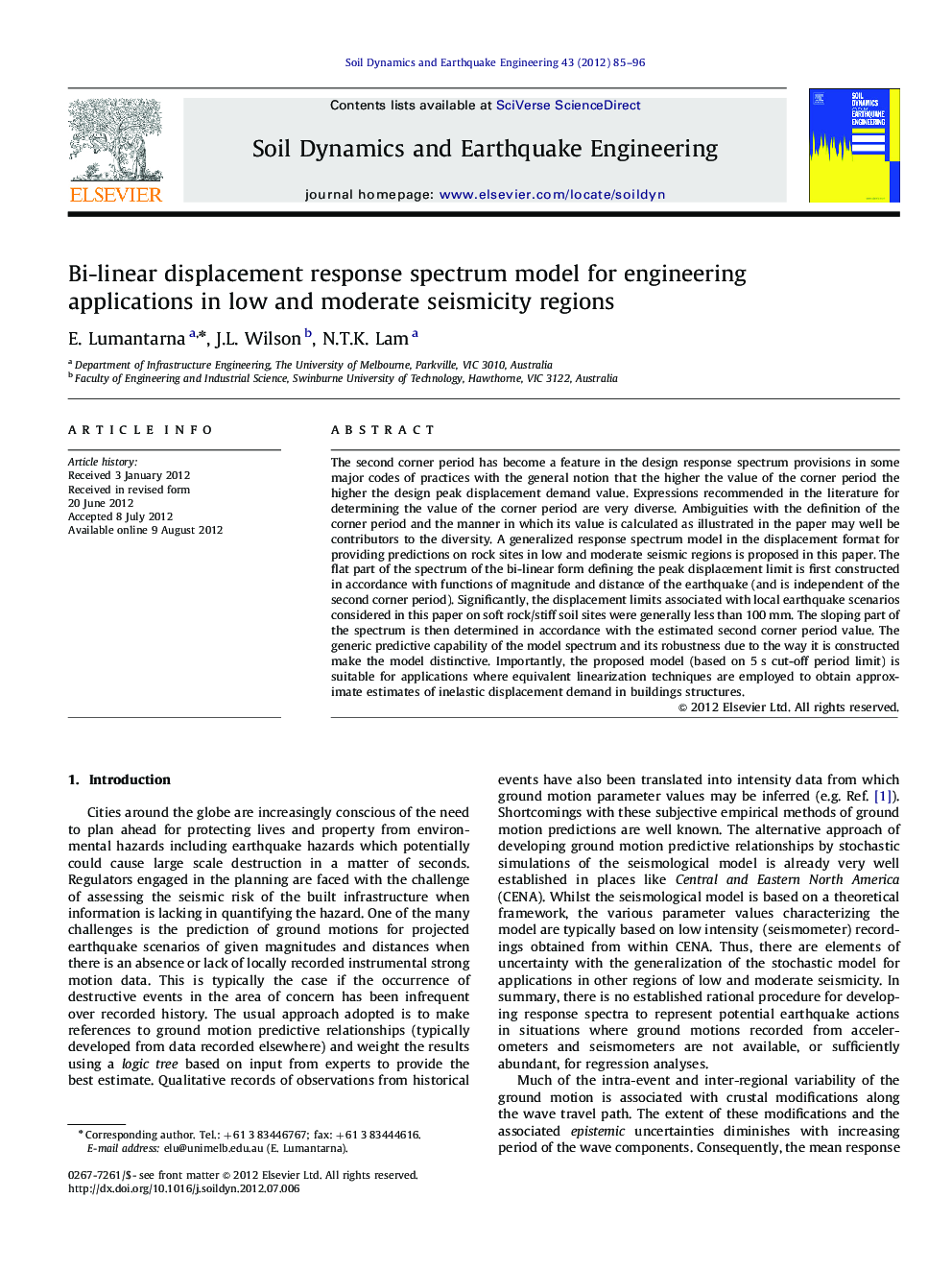 Bi-linear displacement response spectrum model for engineering applications in low and moderate seismicity regions