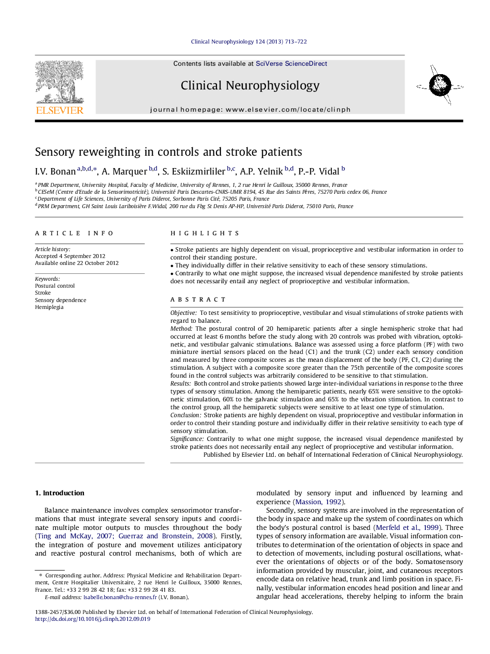 Sensory reweighting in controls and stroke patients