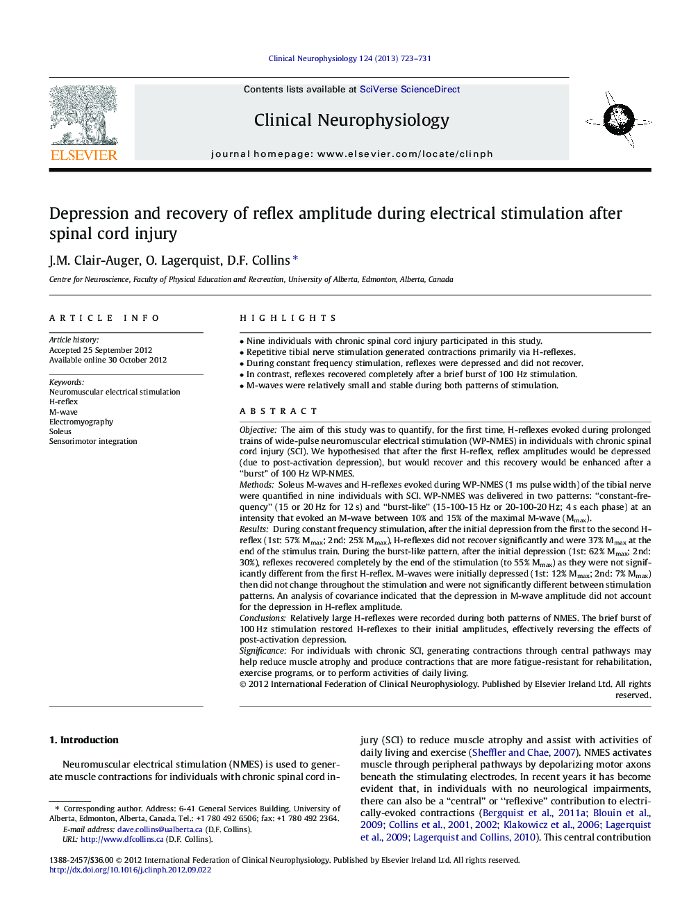 Depression and recovery of reflex amplitude during electrical stimulation after spinal cord injury