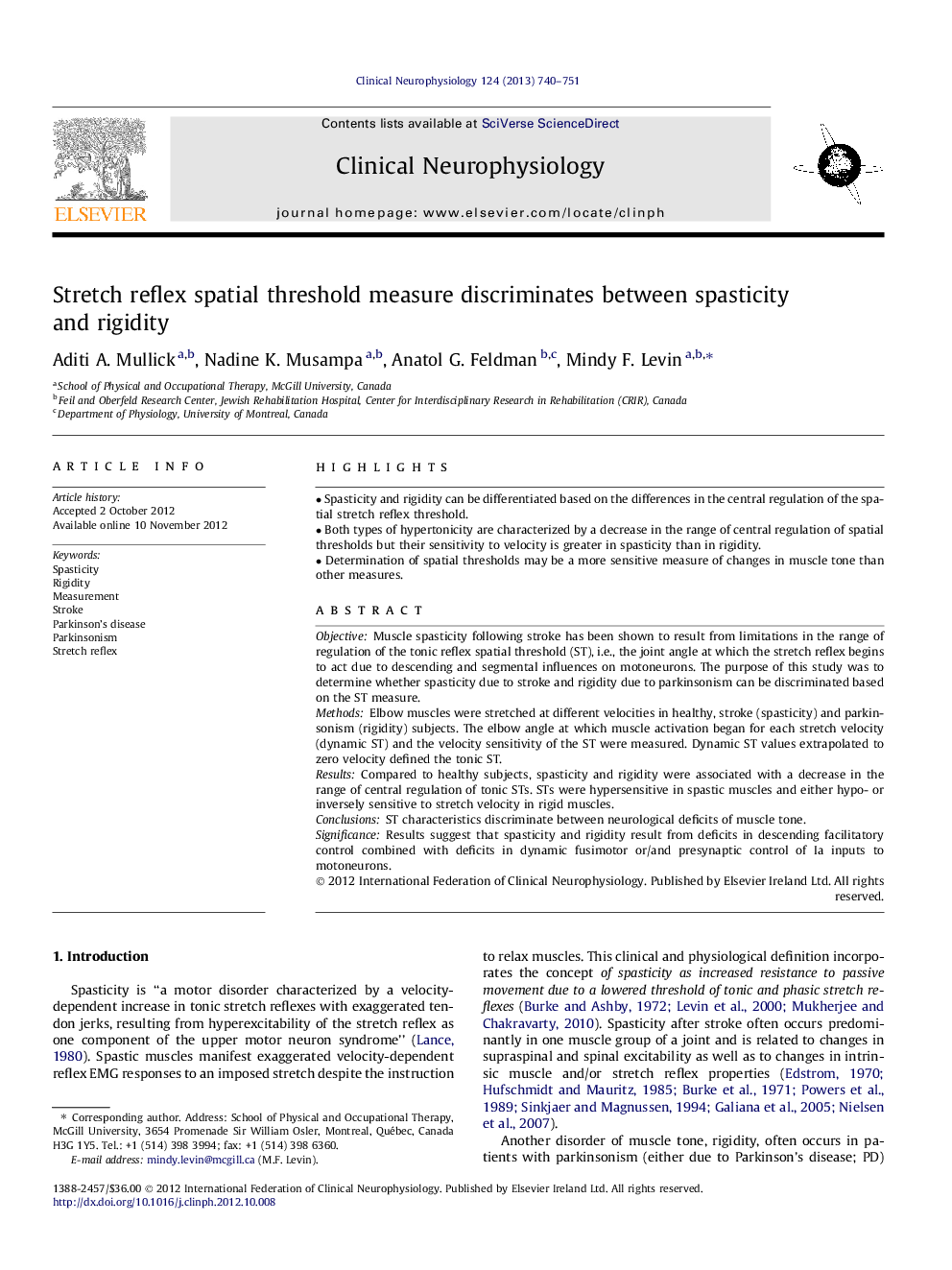 Stretch reflex spatial threshold measure discriminates between spasticity and rigidity