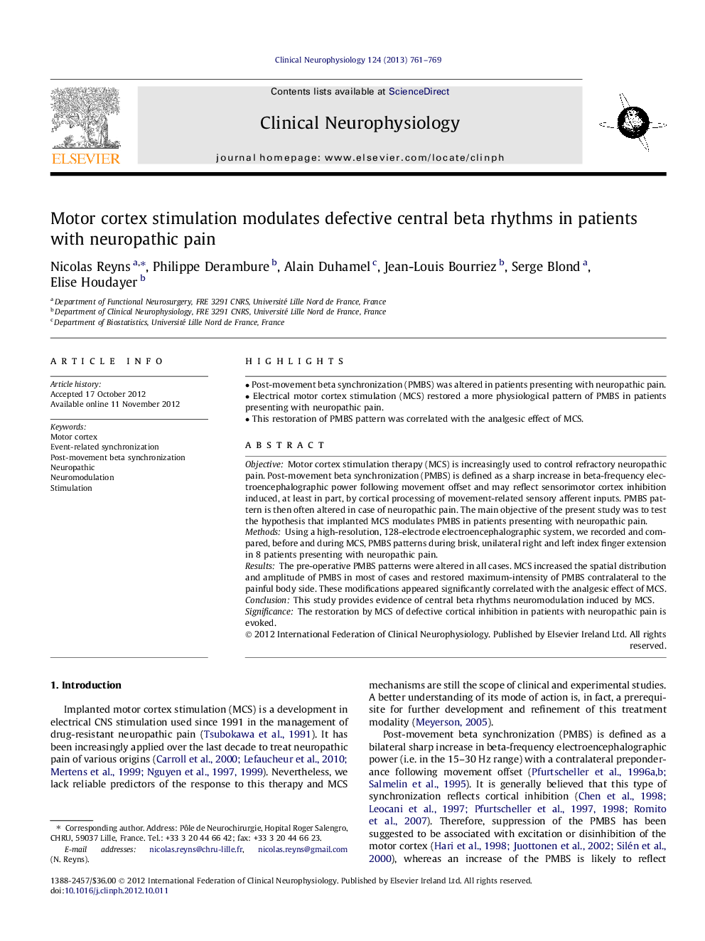 Motor cortex stimulation modulates defective central beta rhythms in patients with neuropathic pain