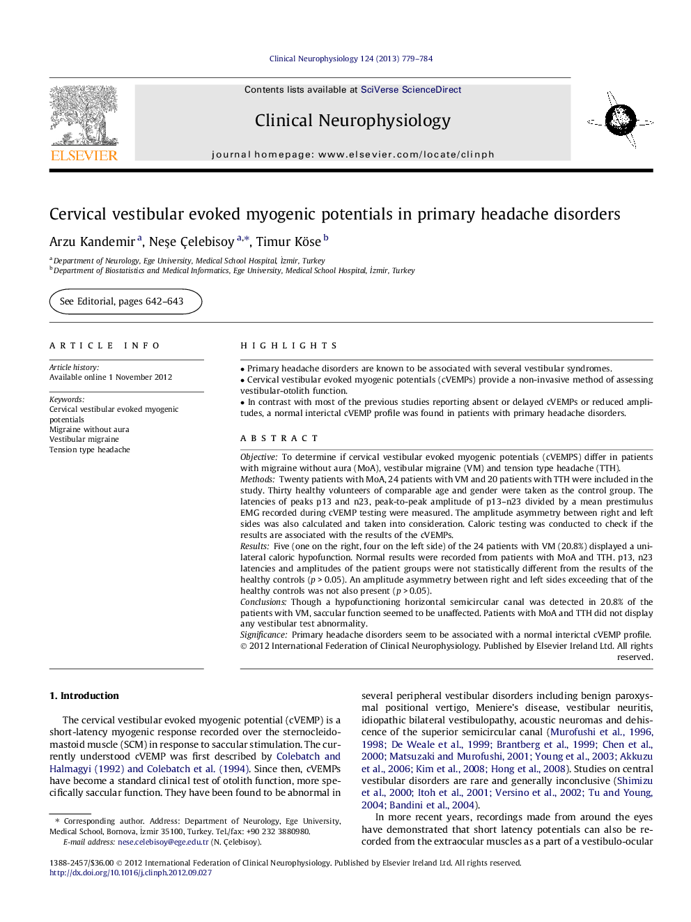 Cervical vestibular evoked myogenic potentials in primary headache disorders