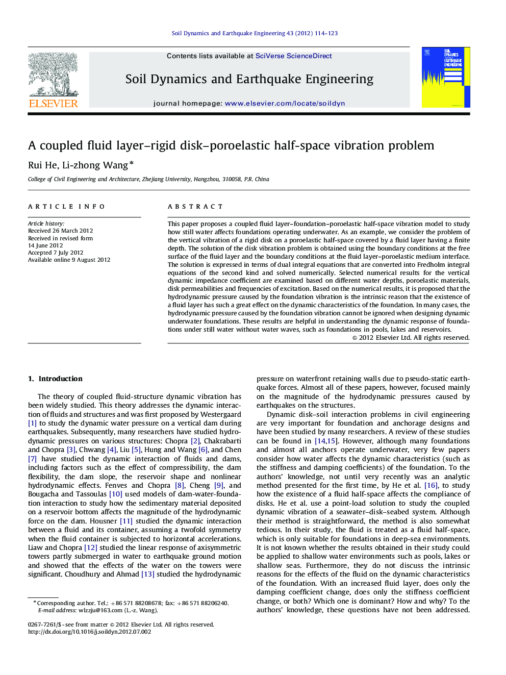 A coupled fluid layer–rigid disk–poroelastic half-space vibration problem