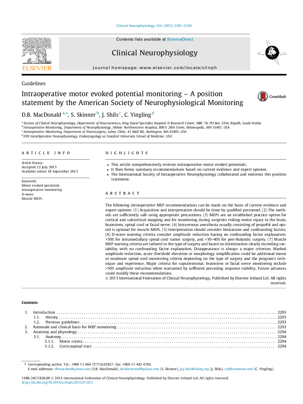 Intraoperative motor evoked potential monitoring – A position statement by the American Society of Neurophysiological Monitoring