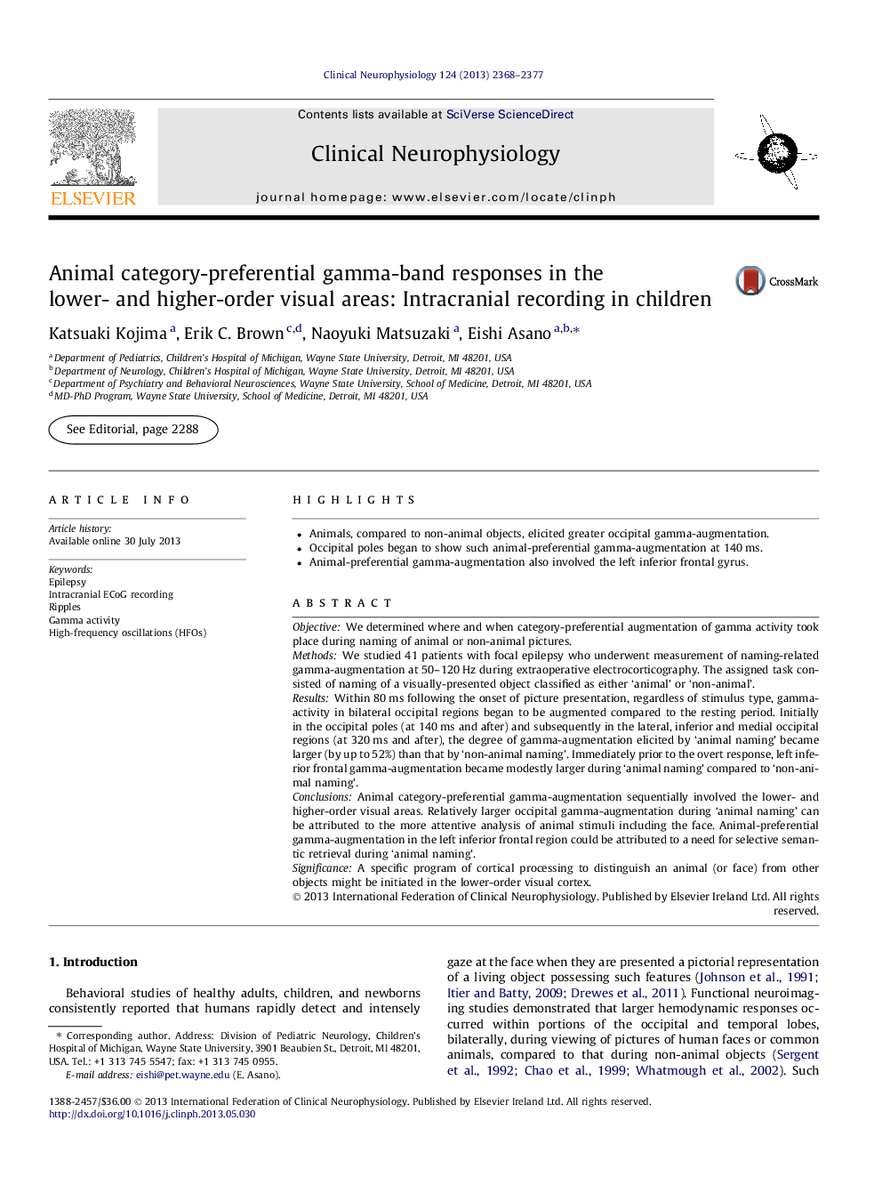 Animal category-preferential gamma-band responses in the lower- and higher-order visual areas: Intracranial recording in children