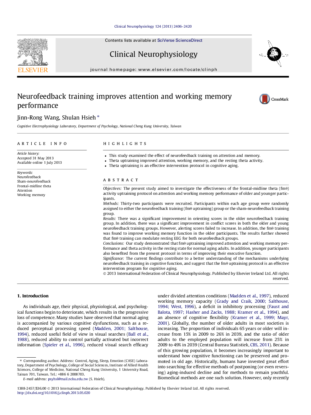 Neurofeedback training improves attention and working memory performance