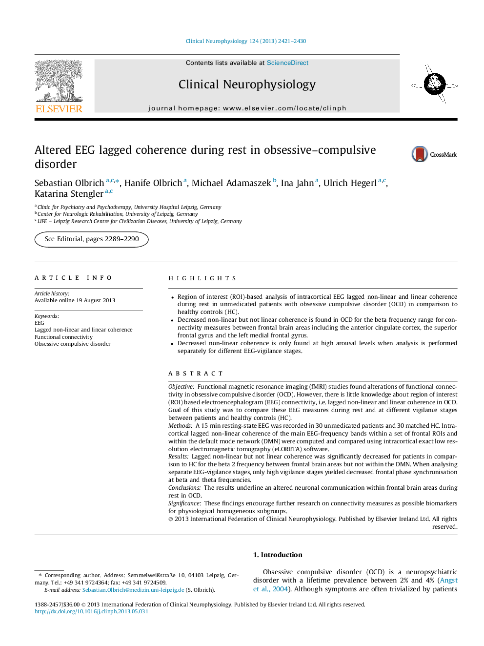 Altered EEG lagged coherence during rest in obsessive–compulsive disorder