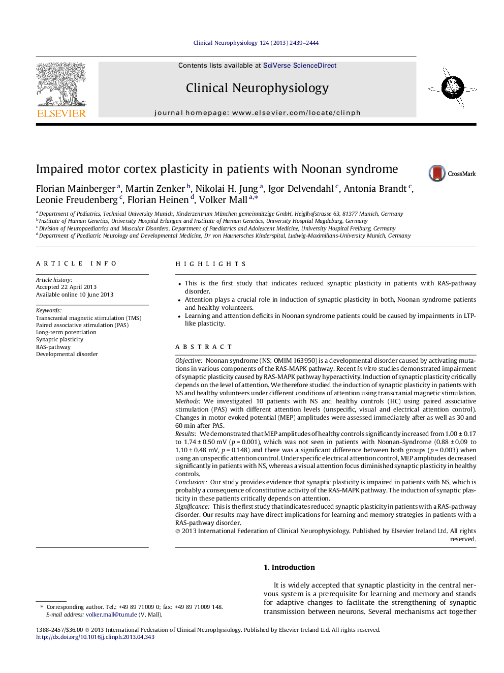 Impaired motor cortex plasticity in patients with Noonan syndrome