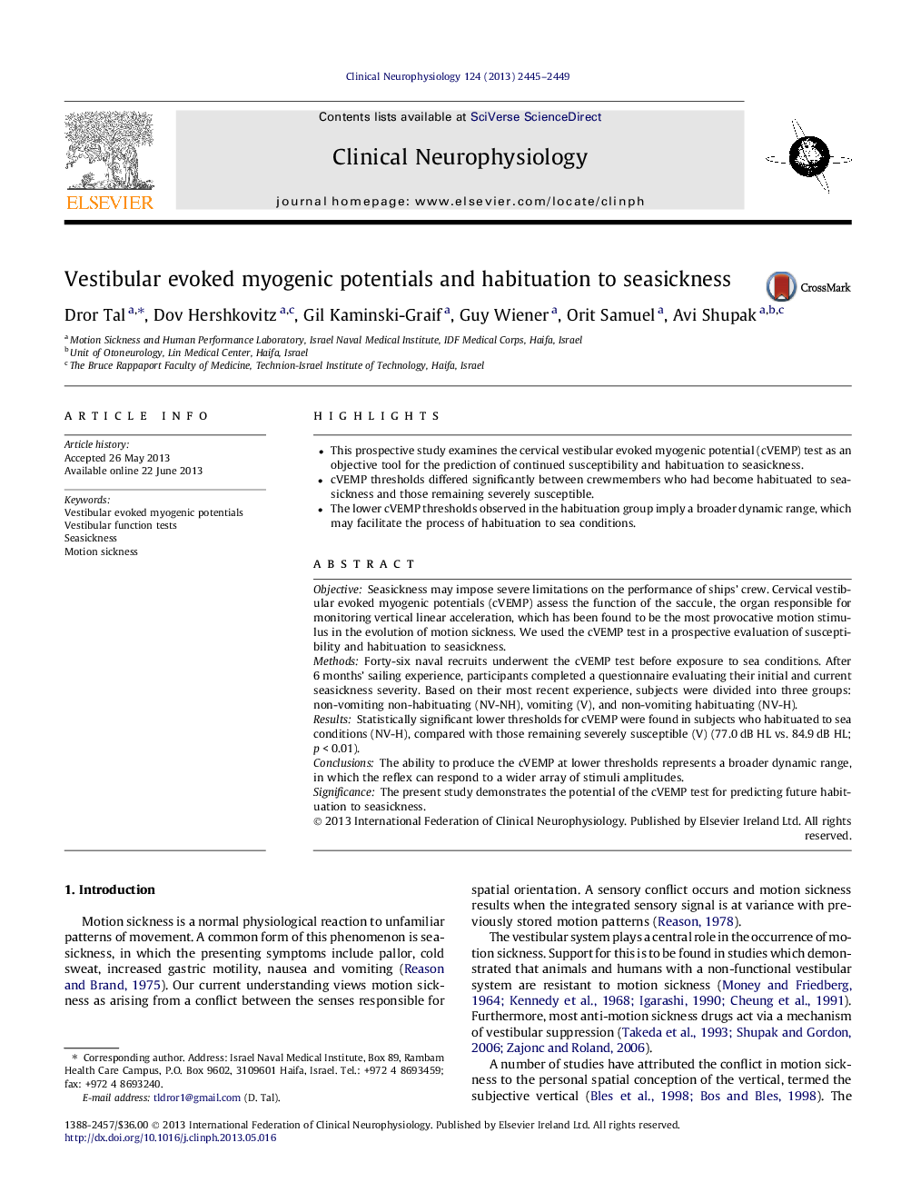 Vestibular evoked myogenic potentials and habituation to seasickness