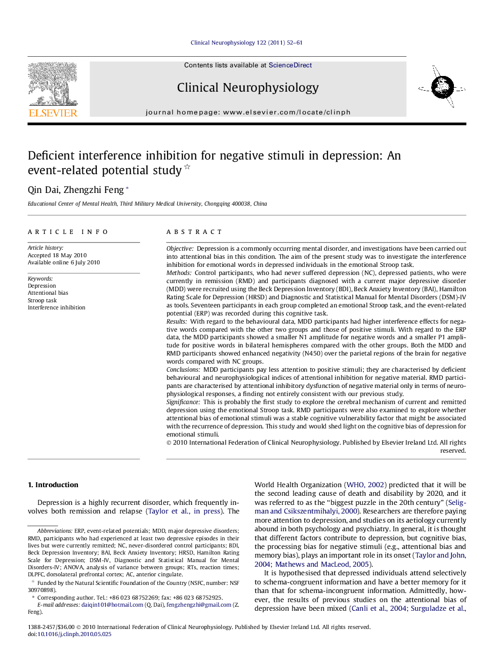 Deficient interference inhibition for negative stimuli in depression: An event-related potential study 