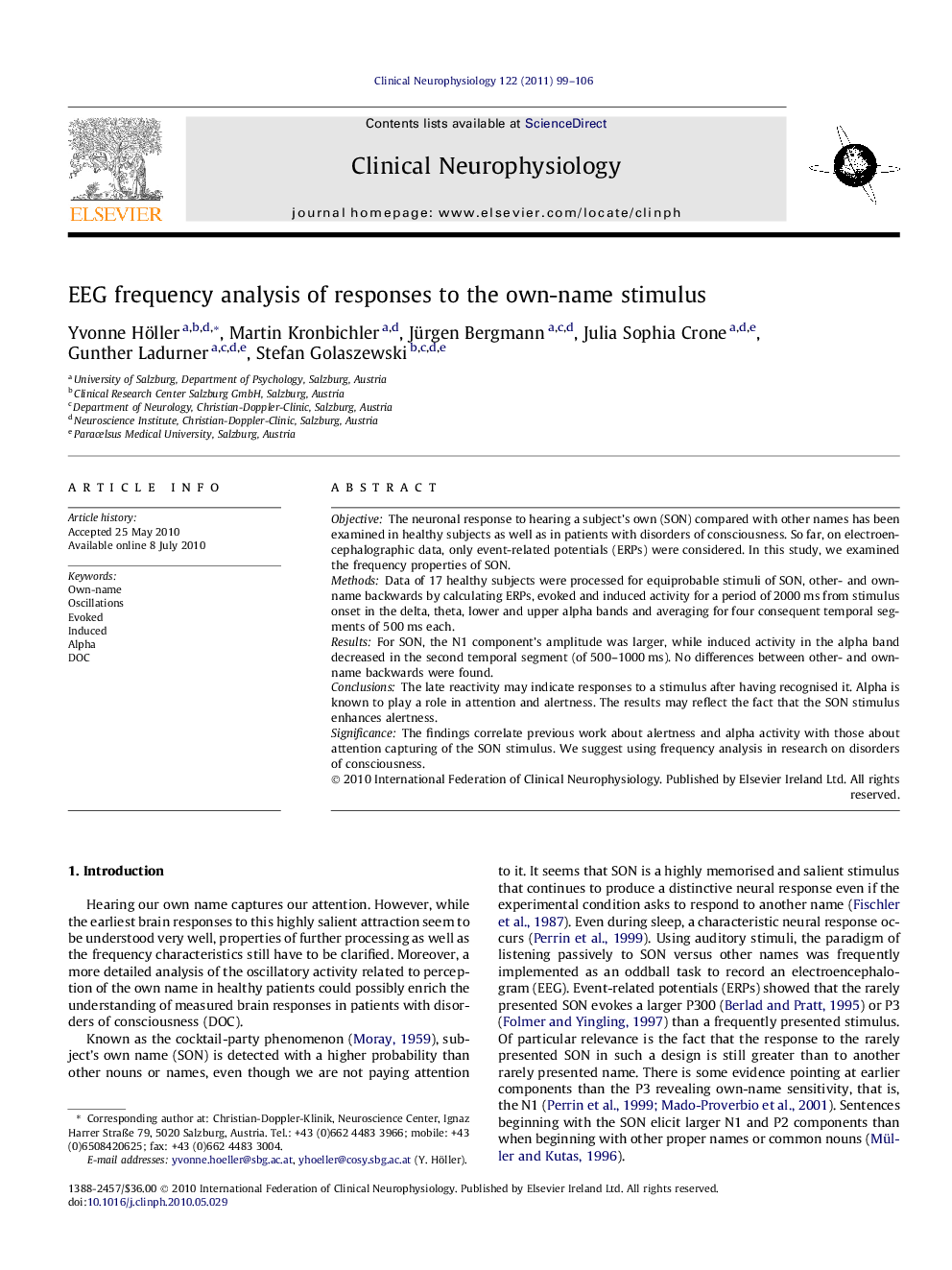 EEG frequency analysis of responses to the own-name stimulus