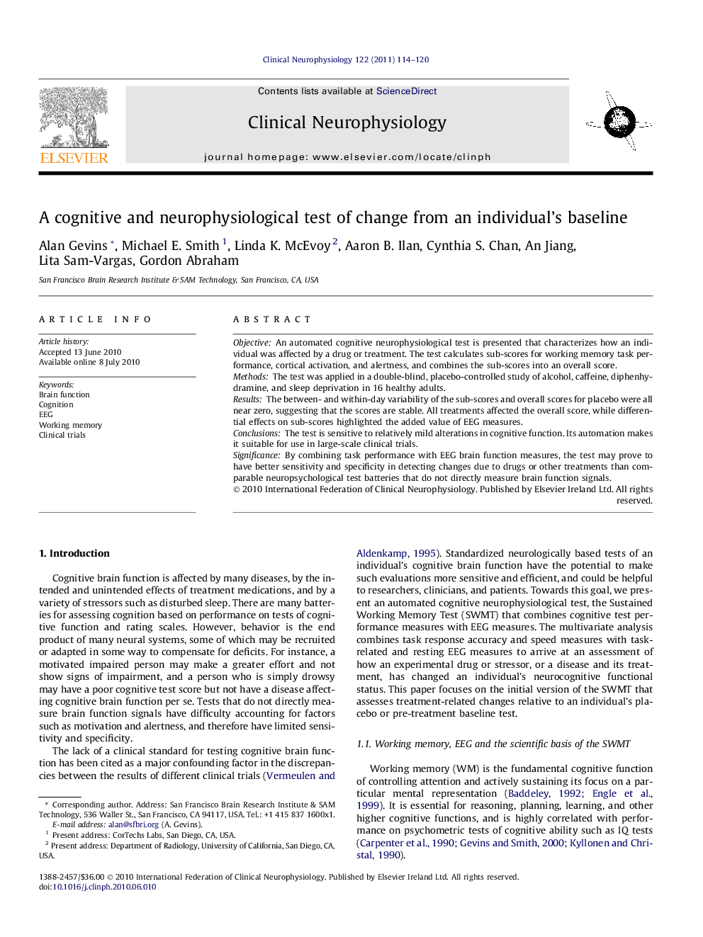 A cognitive and neurophysiological test of change from an individual’s baseline