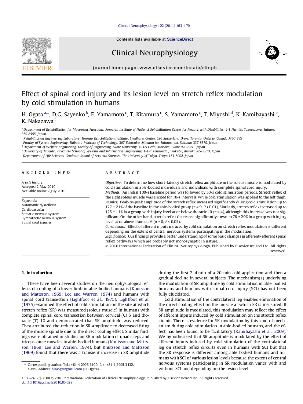 Effect of spinal cord injury and its lesion level on stretch reflex modulation by cold stimulation in humans