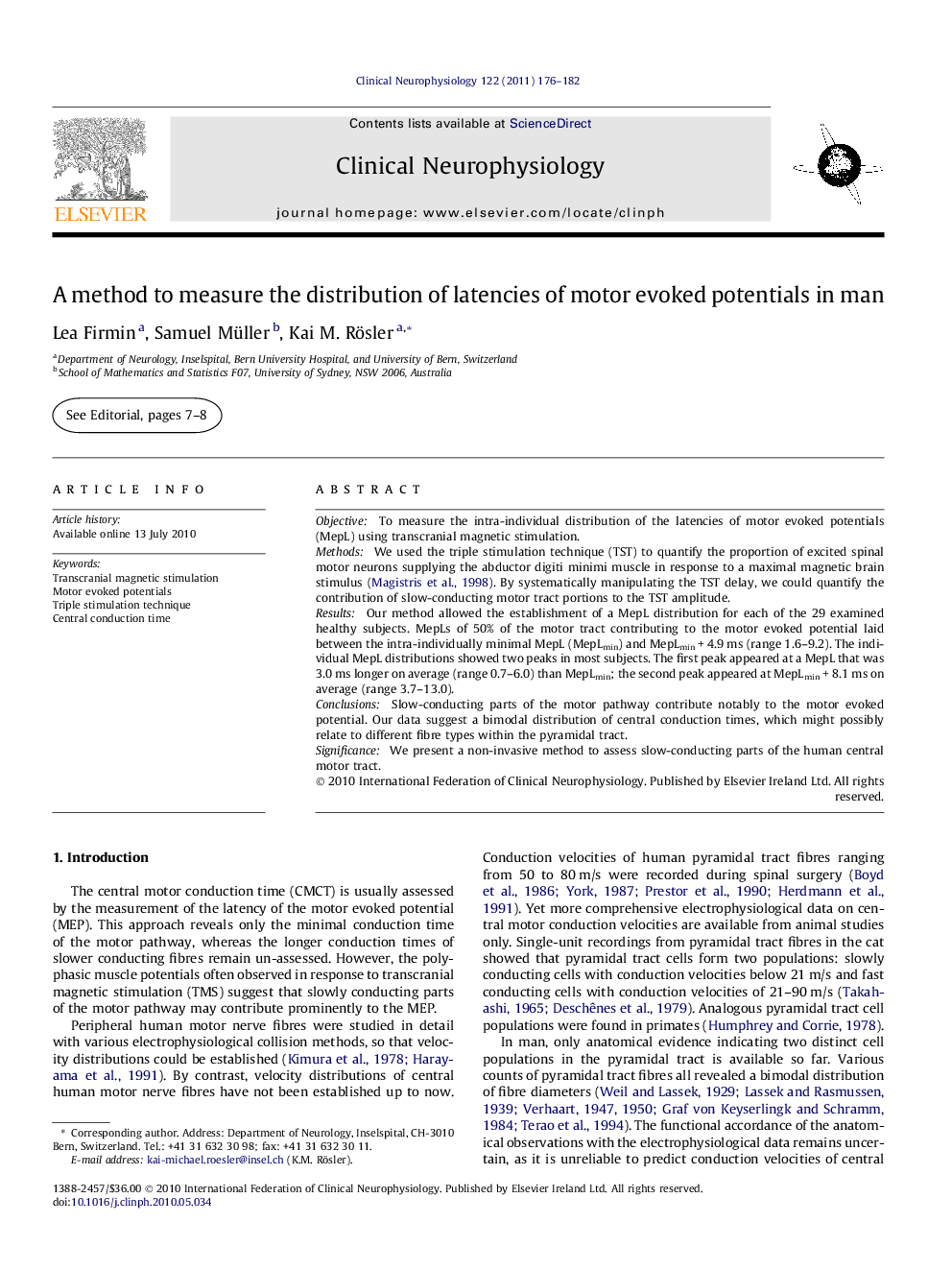 A method to measure the distribution of latencies of motor evoked potentials in man