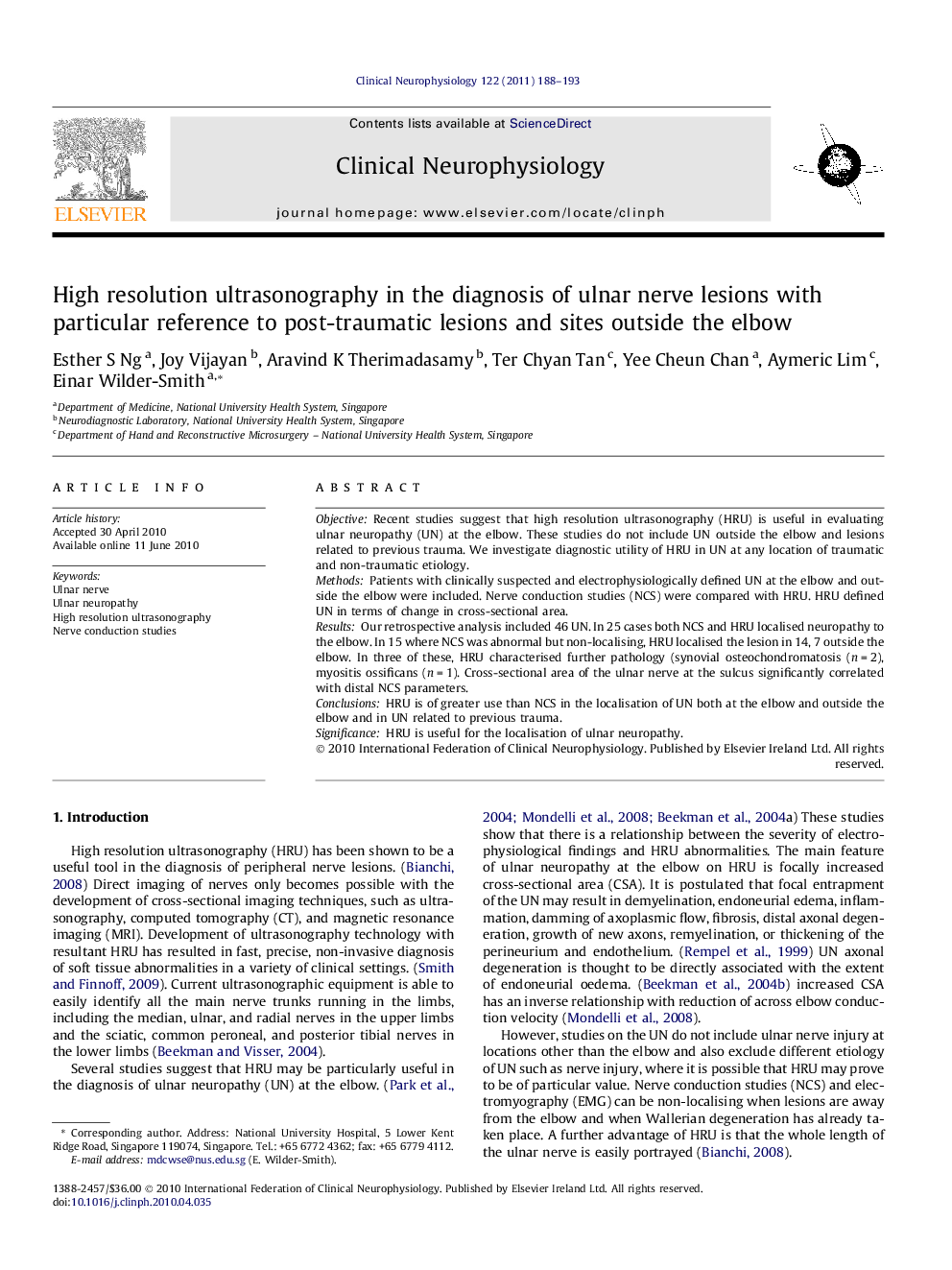 High resolution ultrasonography in the diagnosis of ulnar nerve lesions with particular reference to post-traumatic lesions and sites outside the elbow