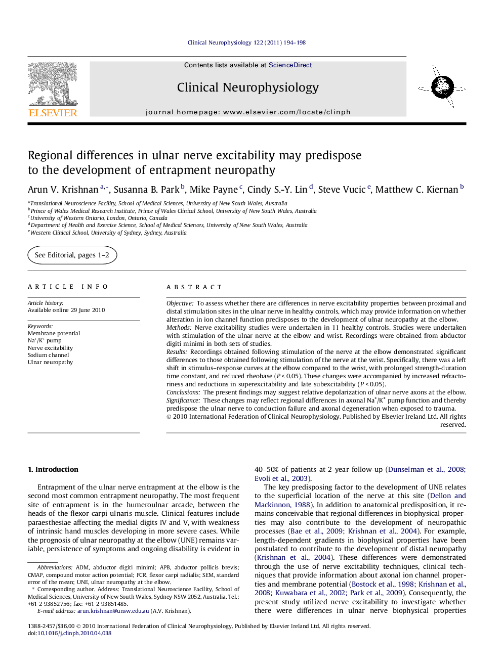 Regional differences in ulnar nerve excitability may predispose to the development of entrapment neuropathy