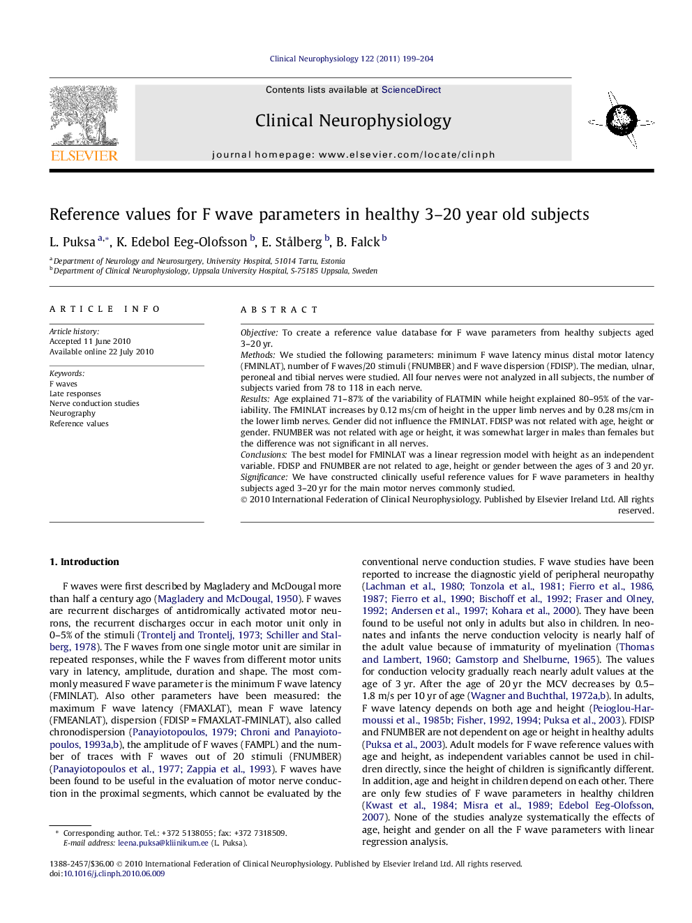 Reference values for F wave parameters in healthy 3–20 year old subjects