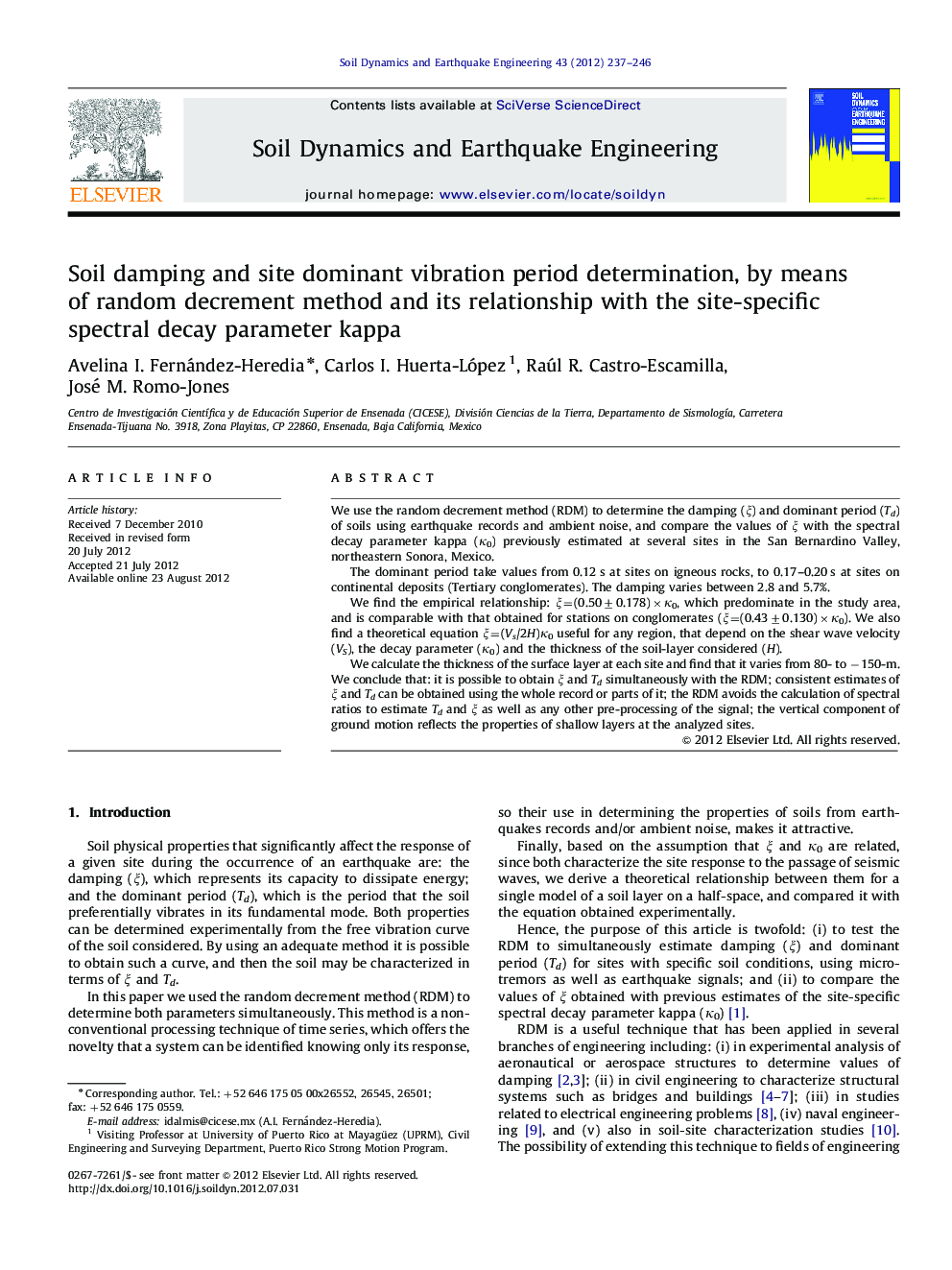 Soil damping and site dominant vibration period determination, by means of random decrement method and its relationship with the site-specific spectral decay parameter kappa