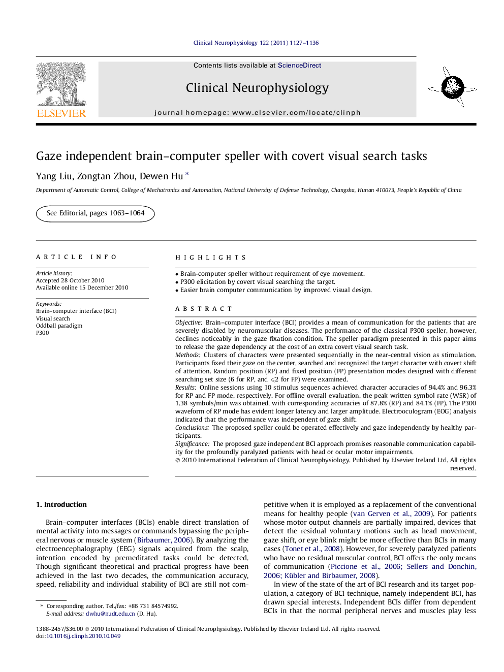 Gaze independent brain–computer speller with covert visual search tasks