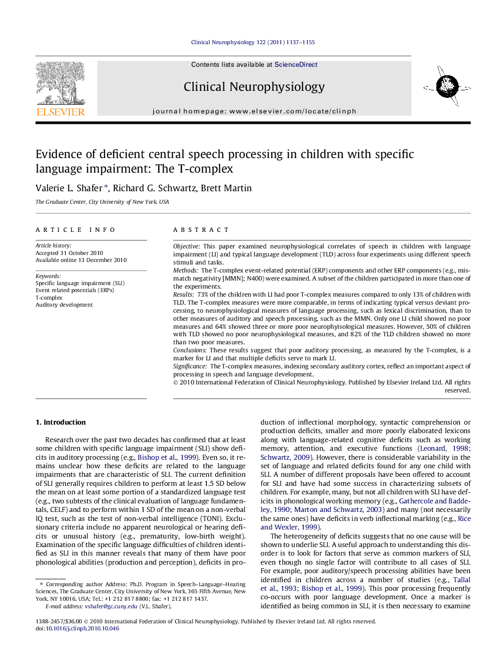 Evidence of deficient central speech processing in children with specific language impairment: The T-complex