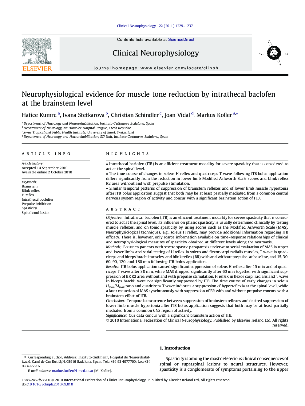 Neurophysiological evidence for muscle tone reduction by intrathecal baclofen at the brainstem level