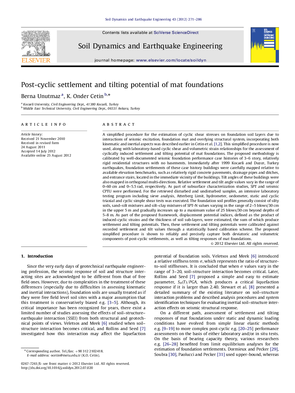 Post-cyclic settlement and tilting potential of mat foundations
