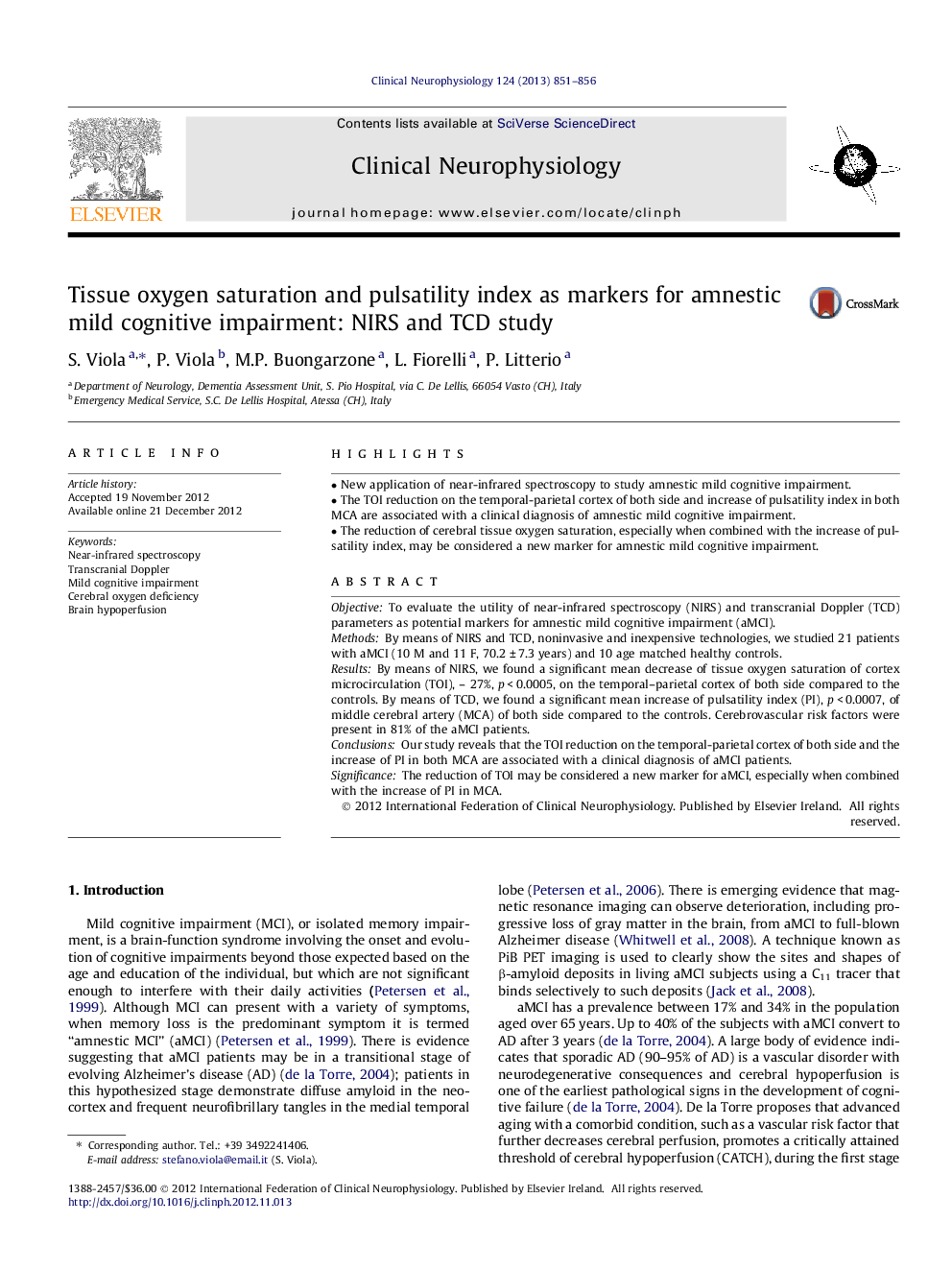 Tissue oxygen saturation and pulsatility index as markers for amnestic mild cognitive impairment: NIRS and TCD study